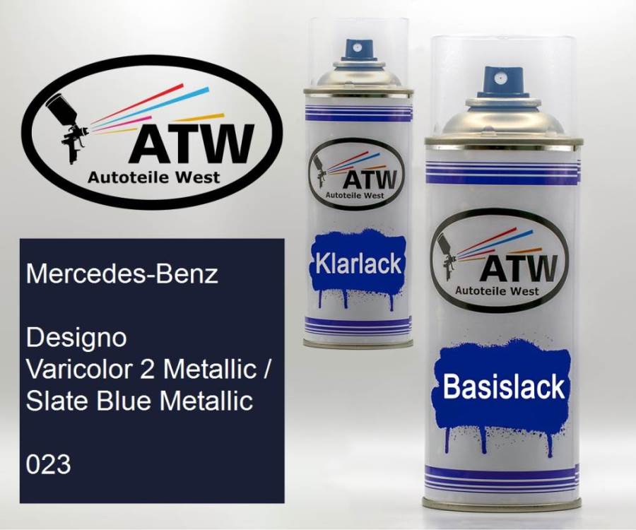 Mercedes-Benz, Designo Varicolor 2 Metallic / Slate Blue Metallic, 023: 400ml Sprühdose + 400ml Klarlack - Set, von ATW Autoteile West.